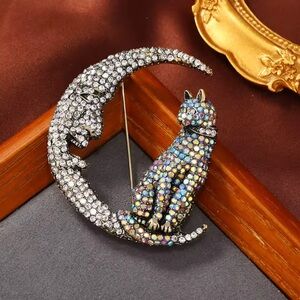 Crystal Cat Moon Brooch